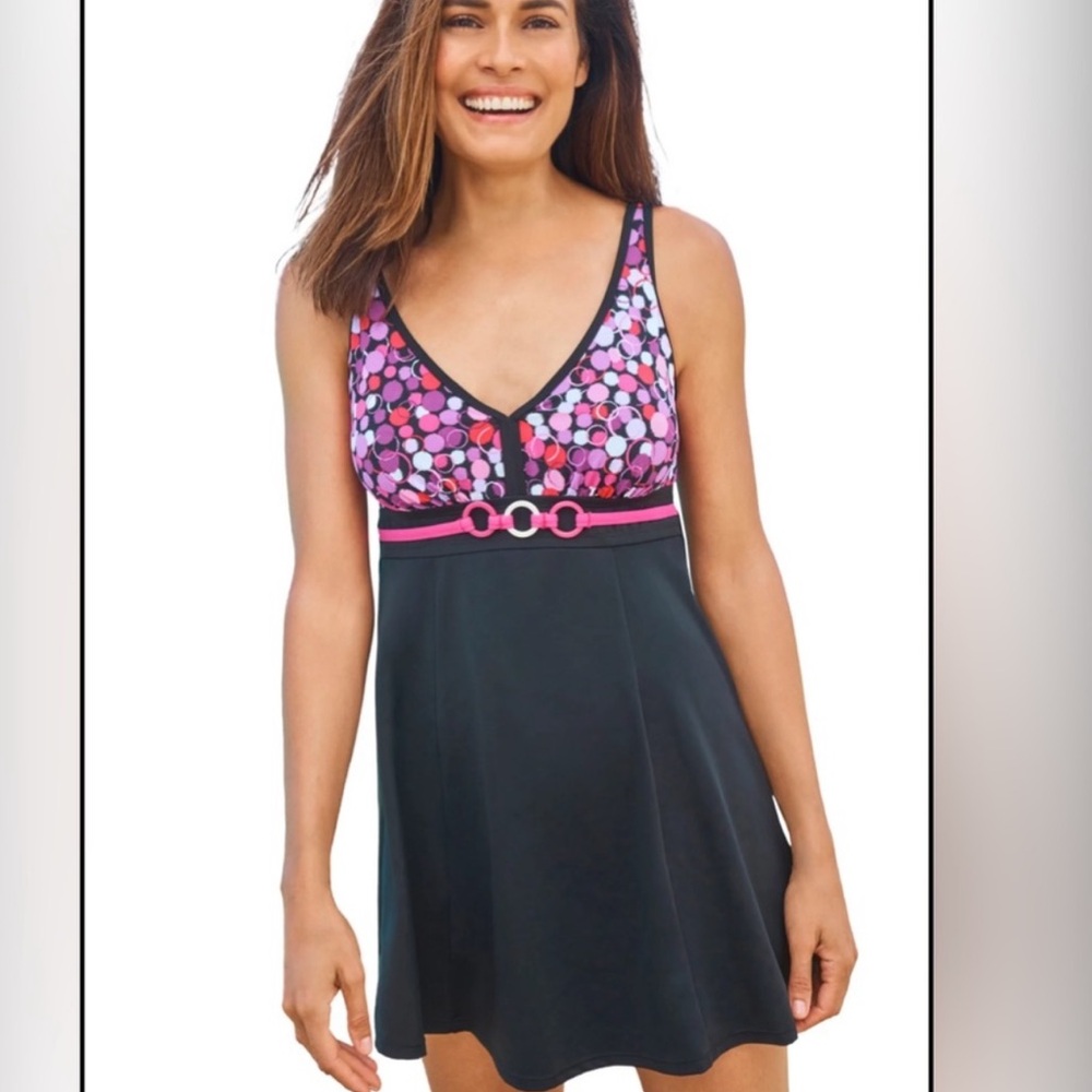 Swim 365 Women's Plus Size Printed V-Neck Swim Dress Size 22W Pink Dot